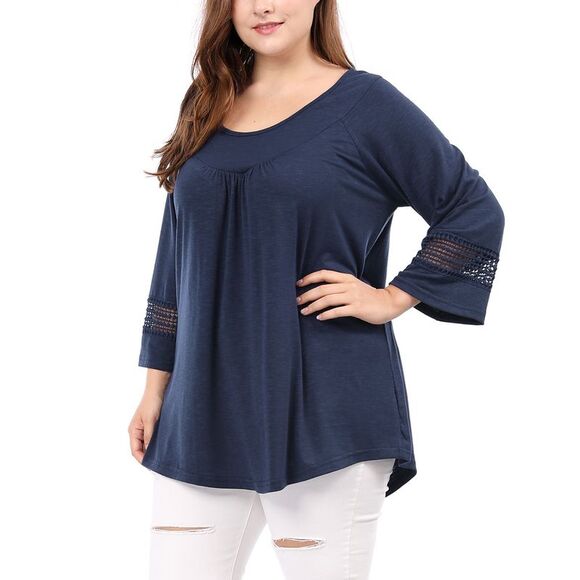 Women's Plus Size Crochet Panel Kimono Raglan Sleeves Tops Blue - Picture 3 of 6